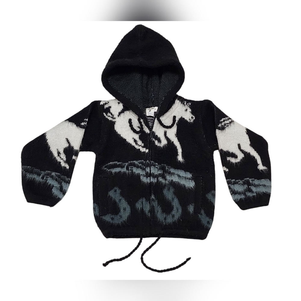 Vtg Indian Maqui 100% Wool Childs Jacket Zipup Coat Native Black & White Horses